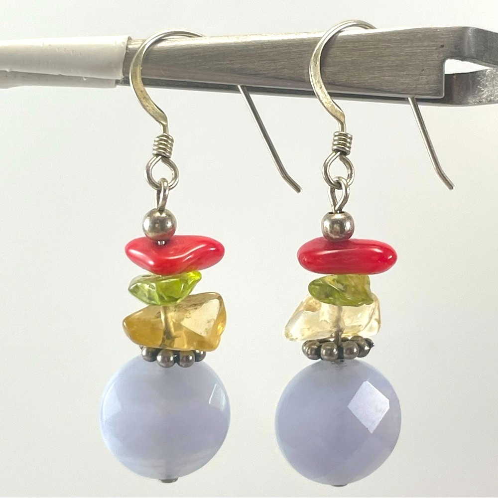 925 Sterling Silver Unsigned Artisan Blue Lace Agate Citrine Dangle Earrings
